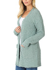 Zenana Long Sleeve Popcorn Sweater Cardigan Light Grey - Online Only