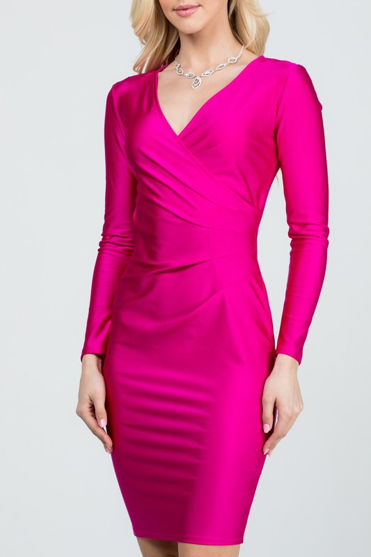 La Scala Long Sleeve Shiny Tricot Overlap Midi Dress