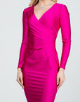 La Scala Long Sleeve Shiny Tricot Overlap Midi Dress