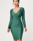 La Scala Long Sleeve Shiny Tricot Overlap Midi Dress