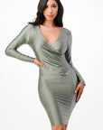 La Scala Long Sleeve Shiny Tricot Overlap Midi Dress