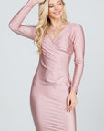 La Scala Long Sleeve Shiny Tricot Overlap Midi Dress