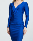 La Scala Long Sleeve Shiny Tricot Overlap Midi Dress