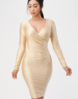 La Scala Long Sleeve Shiny Tricot Overlap Midi Dress