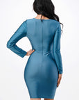 La Scala Long Sleeve Shiny Tricot Overlap Midi Dress