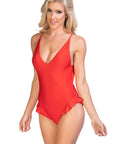 Solid One Piece Swimsuit with Ruffle Detail