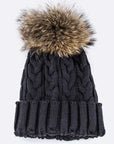 Raccoon Fur PomPom Cable Knit Beanie