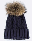 Raccoon Fur PomPom Cable Knit Beanie