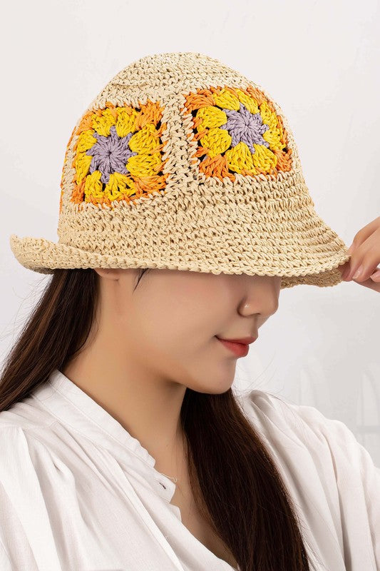 Packable  Crochet Granny Square Bucket Hat in Light Pink