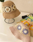 Packable  Crochet Granny Square Bucket Hat in Light Pink