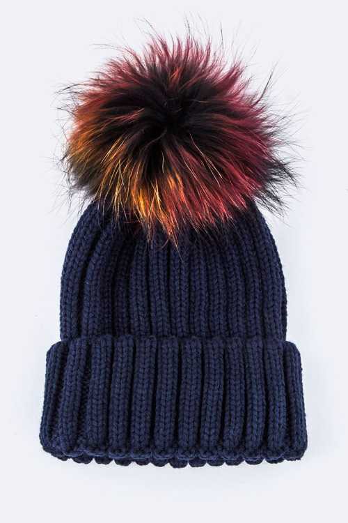 Mix Color Raccoon Fur Pom Pom Beanie