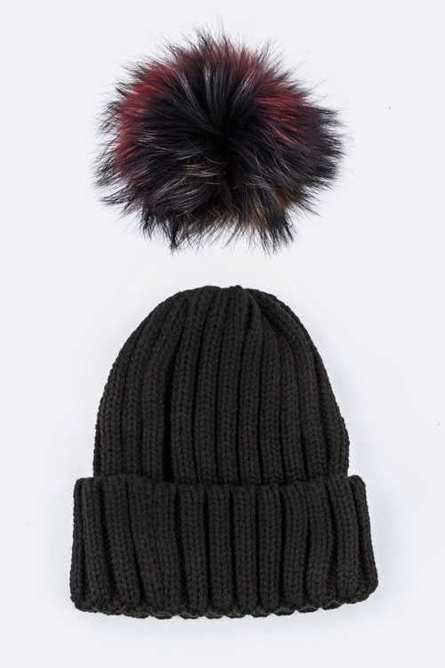 Mix Color Raccoon Fur Pom Pom Beanie