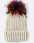 Mix Color Raccoon Fur Pom Pom Beanie