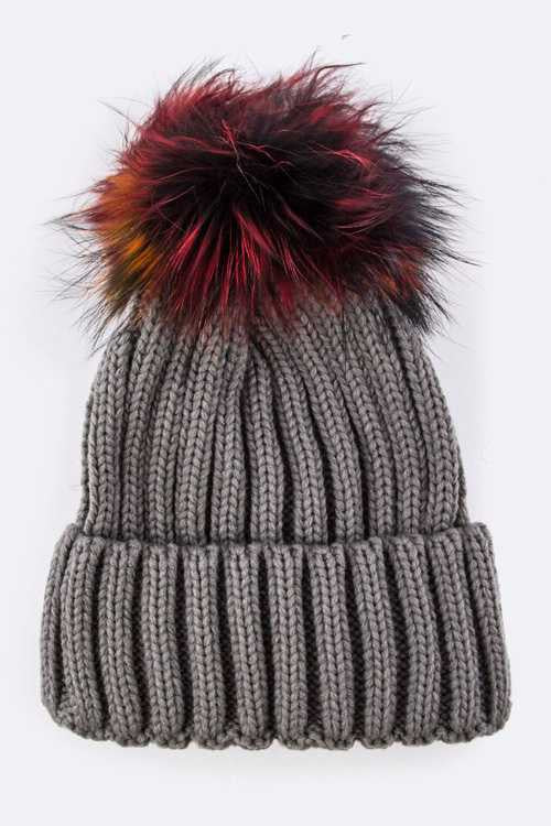 Mix Color Raccoon Fur Pom Pom Beanie