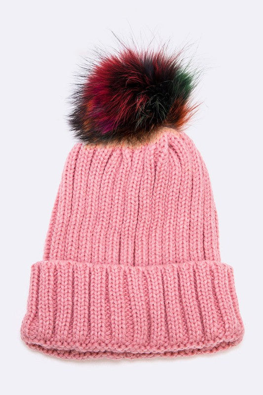 Mix Color Raccoon Fur Pom Pom Beanie