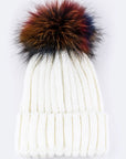 Mix Color Raccoon Fur Pom Pom Beanie