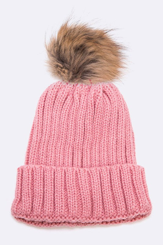 Raccoon Fur Pom Pom Beanie