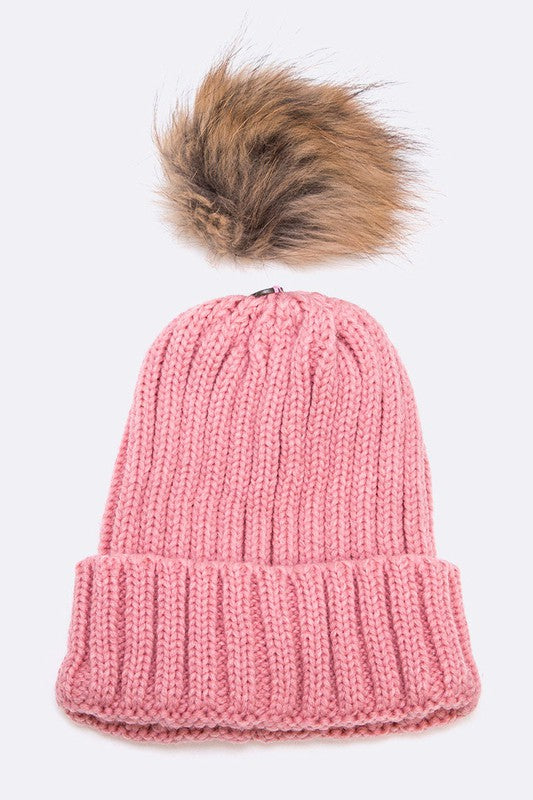 Raccoon Fur Pom Pom Beanie