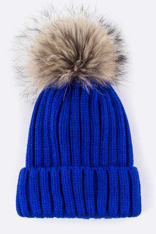 Raccoon Fur Pom Pom Beanie