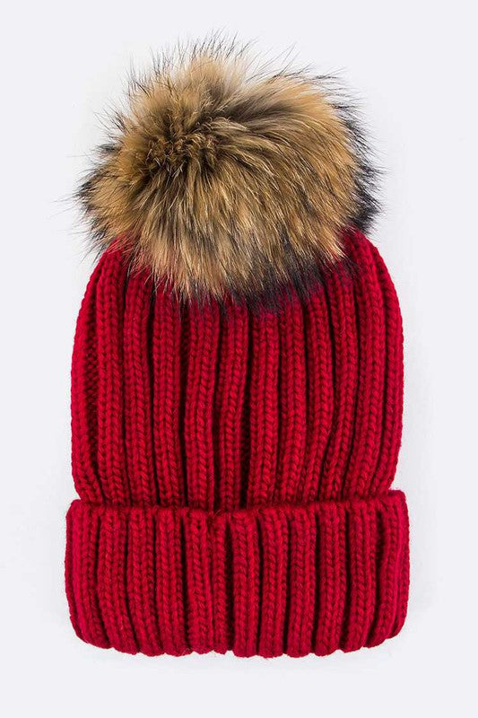 Raccoon Fur Pom Pom Beanie