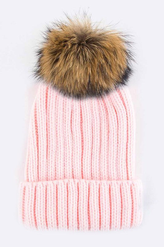 Raccoon Fur Pom Pom Beanie