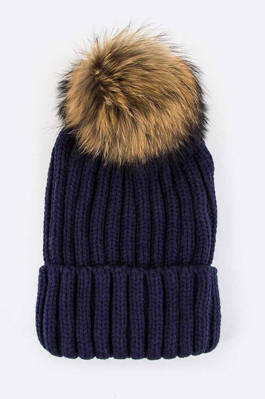 Raccoon Fur Pom Pom Beanie