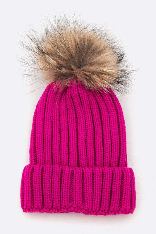 Raccoon Fur Pom Pom Beanie