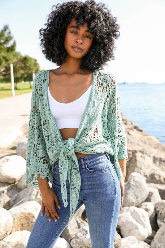 Leto Accessories Crochet Floral Petal Kimono Wrap