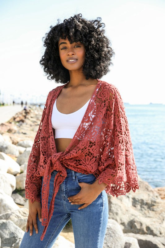Leto Accessories Crochet Floral Petal Kimono Wrap