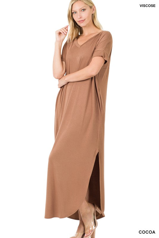 Zenana Side Slit V-Neck Short Sleeve Maxi Dress