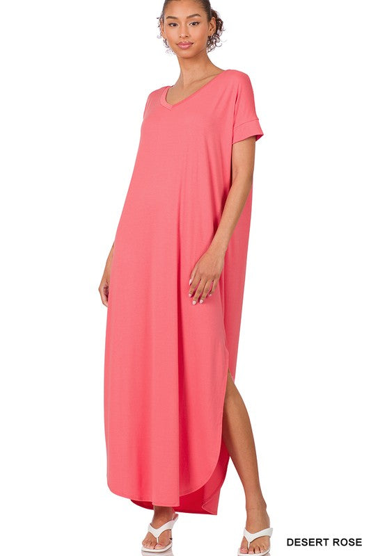 Zenana Side Slit V-Neck Short Sleeve Maxi Dress