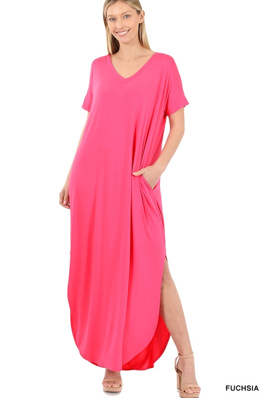 Zenana Side Slit V-Neck Short Sleeve Maxi Dress