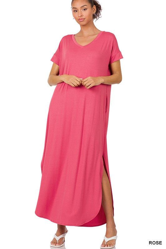 Zenana Side Slit V-Neck Short Sleeve Maxi Dress