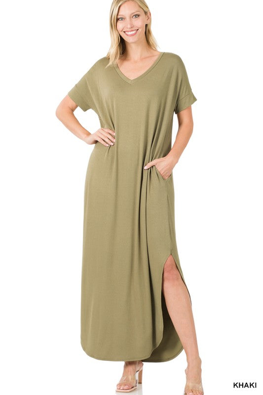 Zenana Side Slit V-Neck Short Sleeve Maxi Dress