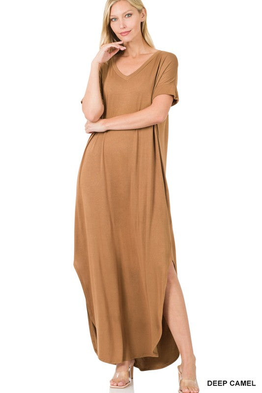 Zenana Side Slit V-Neck Short Sleeve Maxi Dress