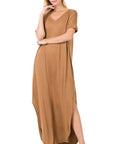 Zenana Side Slit V-Neck Short Sleeve Maxi Dress - My Pampered Life Seattle