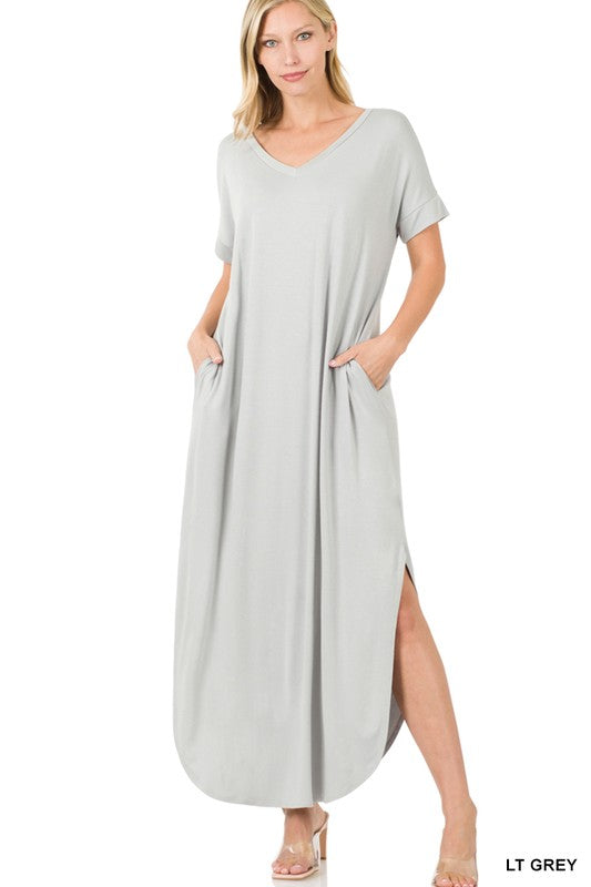 Zenana Side Slit V-Neck Short Sleeve Maxi Dress