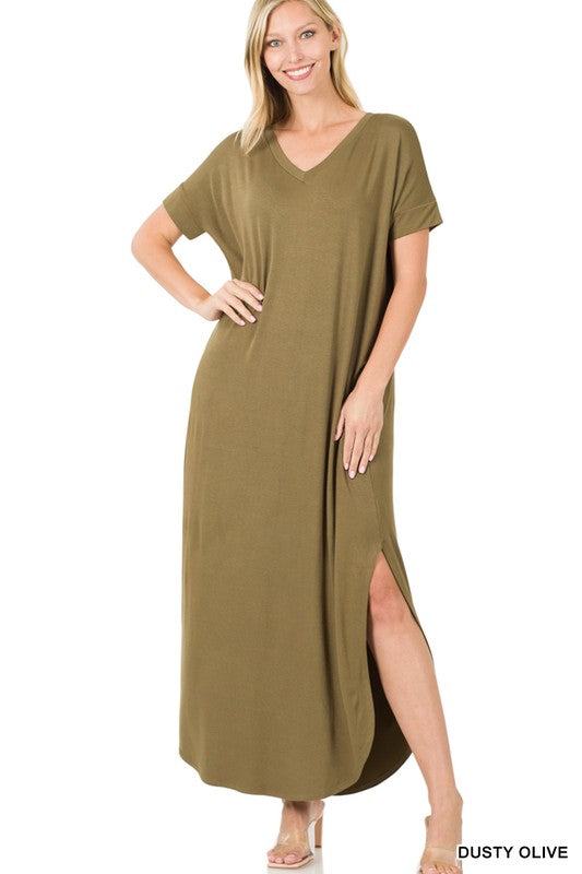 Zenana Side Slit V-Neck Short Sleeve Maxi Dress