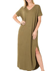 Zenana Side Slit V-Neck Short Sleeve Maxi Dress - My Pampered Life Seattle