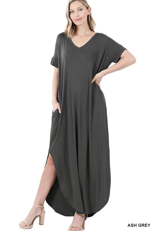 Zenana Side Slit V-Neck Short Sleeve Maxi Dress