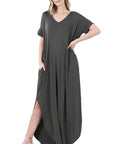 Zenana Side Slit V-Neck Short Sleeve Maxi Dress - My Pampered Life Seattle