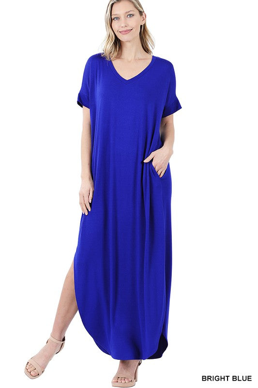 Zenana Side Slit V-Neck Short Sleeve Maxi Dress