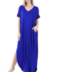 Zenana Side Slit V-Neck Short Sleeve Maxi Dress - My Pampered Life Seattle