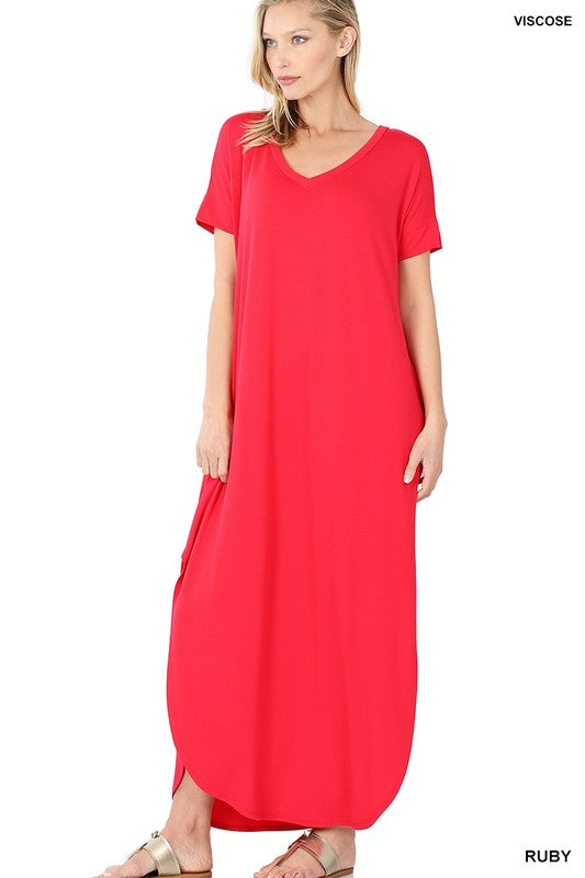 Zenana Side Slit V-Neck Short Sleeve Maxi Dress