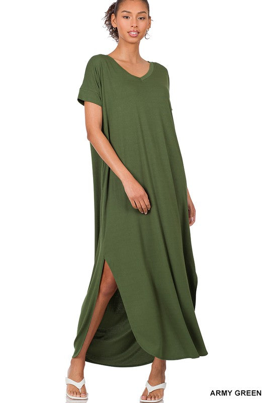 Zenana Side Slit V-Neck Short Sleeve Maxi Dress