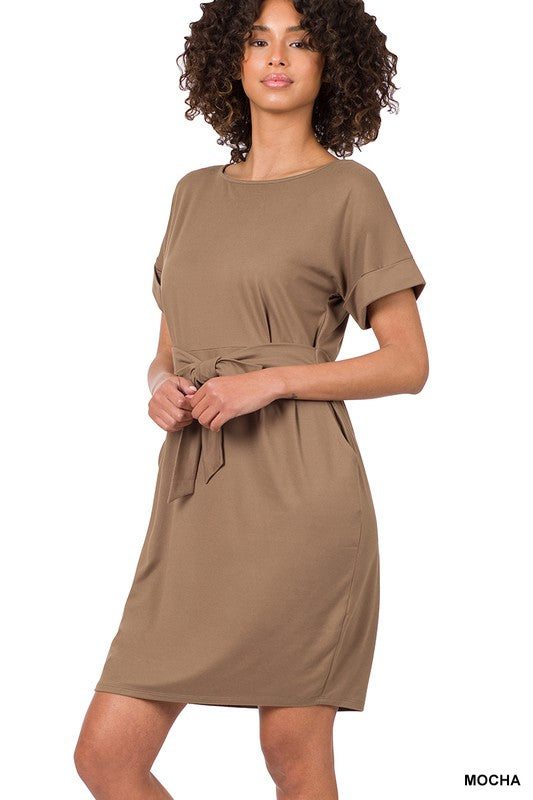 Zenana Brushed Tie-Belt Dress - Online Only