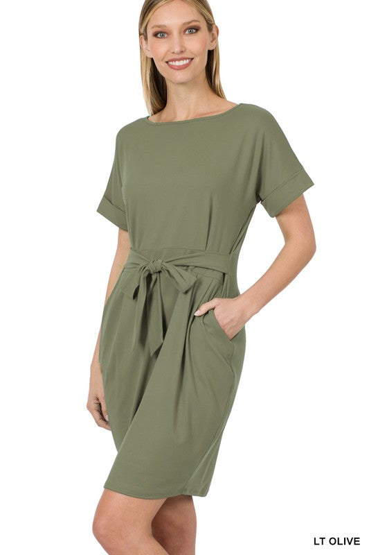 Zenana Brushed Tie-Belt Dress