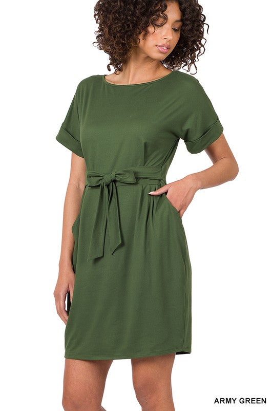 Zenana Brushed Tie-Belt Dress - Online Only