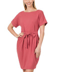 Zenana Brushed Tie-Belt Dress - Online Only