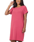 Zenana Rolled Short Sleeve Dress in Rose - My Pampered Life Seattle